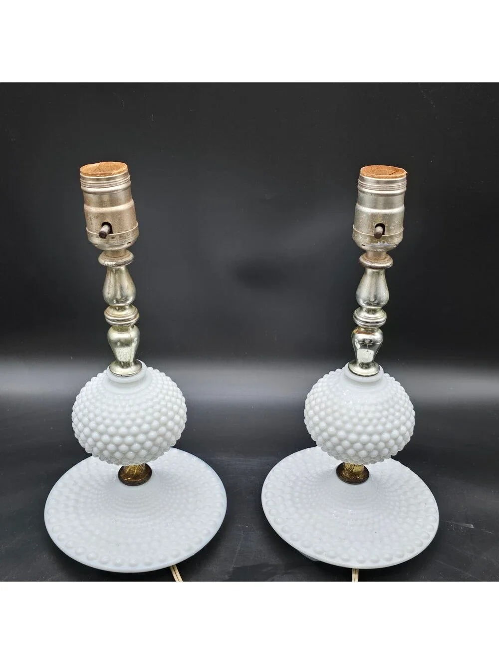 Vintage Hobnail Milk Glass Boudoir Lamps Pair Mid Century Fenton Style Set of 2